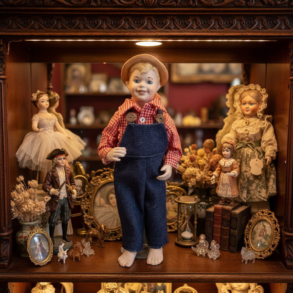 34001 - Vintage 12" Moveable Porcelain 1966 Boy Doll in Overalls |TBD|