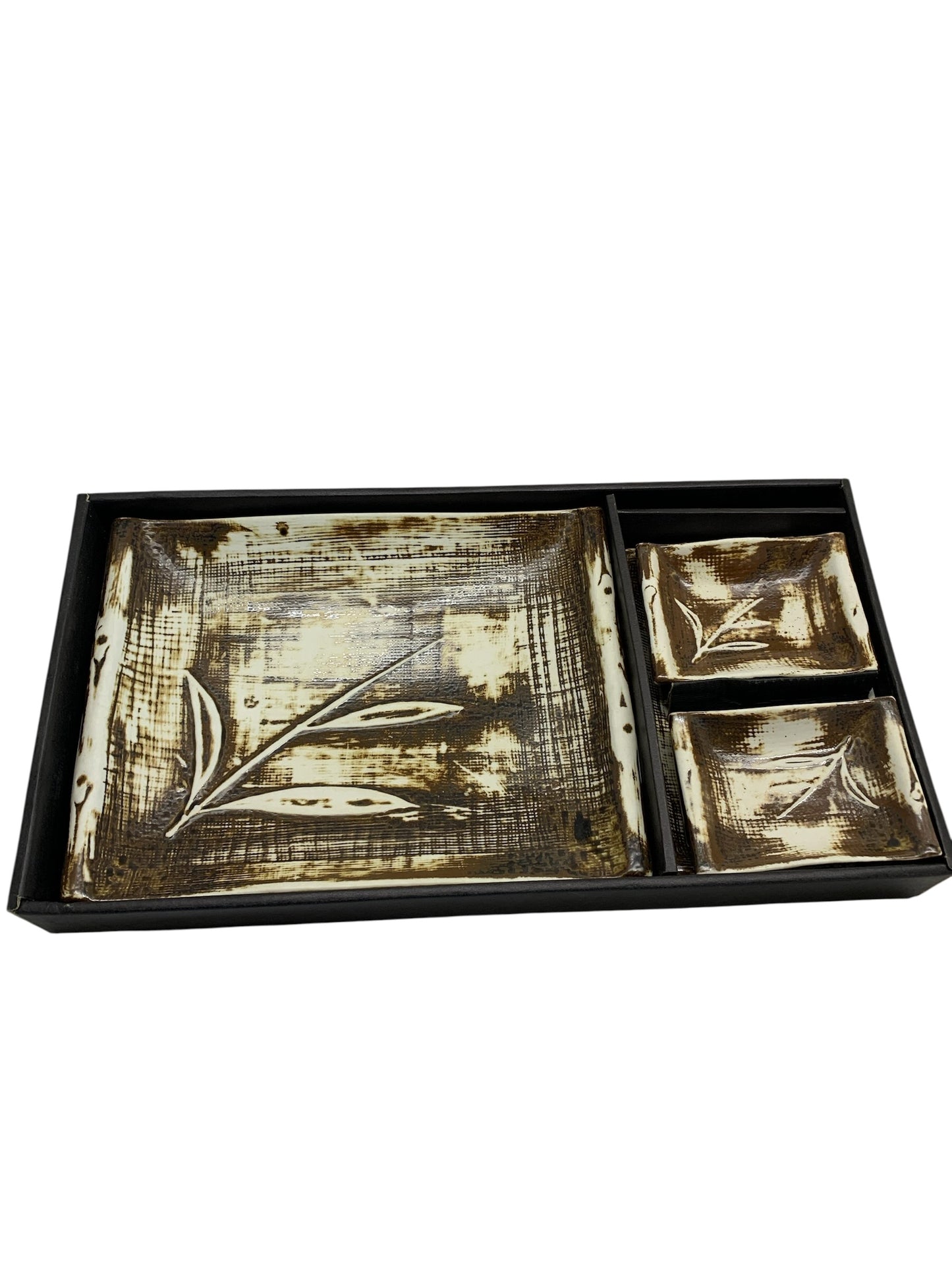 17122-Sushi Service Gift Set Brown and beige with Leaf Design 16"  |8-16|