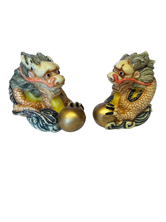 13674 - |Z-61|Set of 2 Zodiac Dragon Figurines 3" Colorful Resin Dragons with Orbs |Z-61|
