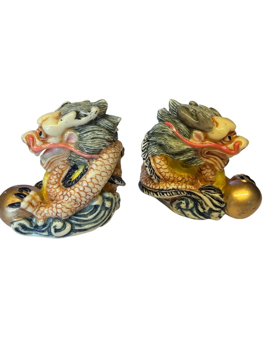 13674 - |Z-61|Set of 2 Zodiac Dragon Figurines 3" Colorful Resin Dragons with Orbs |Z-61|
