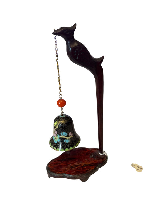 4958 - 6" Vintage Chinese Cloisonne Enamel Bell With Wood Carved Bird |22-10|