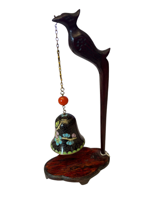 4958 - 6" Vintage Chinese Cloisonne Enamel Bell With Wood Carved Bird |22-10|