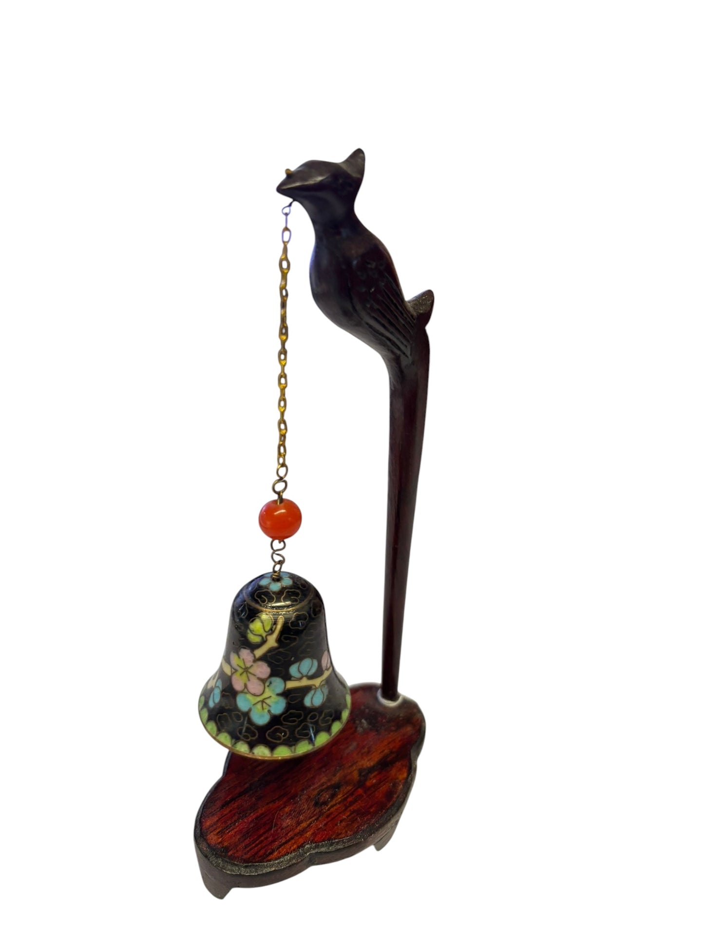4958 - 6" Vintage Chinese Cloisonne Enamel Bell With Wood Carved Bird |22-10|