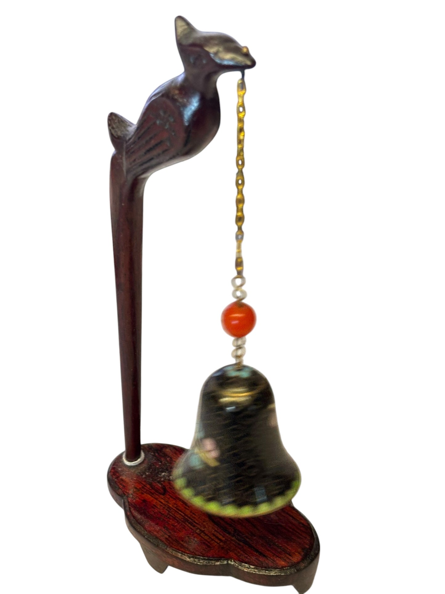 4958 - 6" Vintage Chinese Cloisonne Enamel Bell With Wood Carved Bird |22-10|