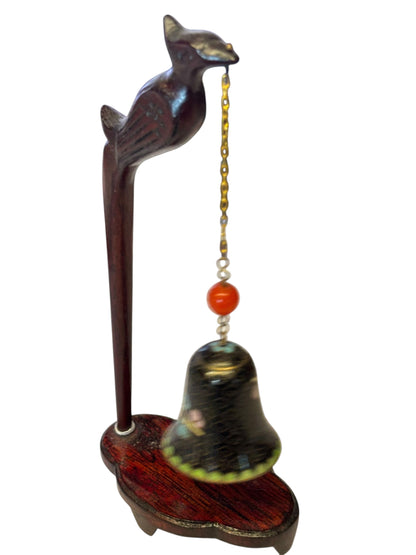 4958 - 6" Vintage Chinese Cloisonne Enamel Bell With Wood Carved Bird |22-10|