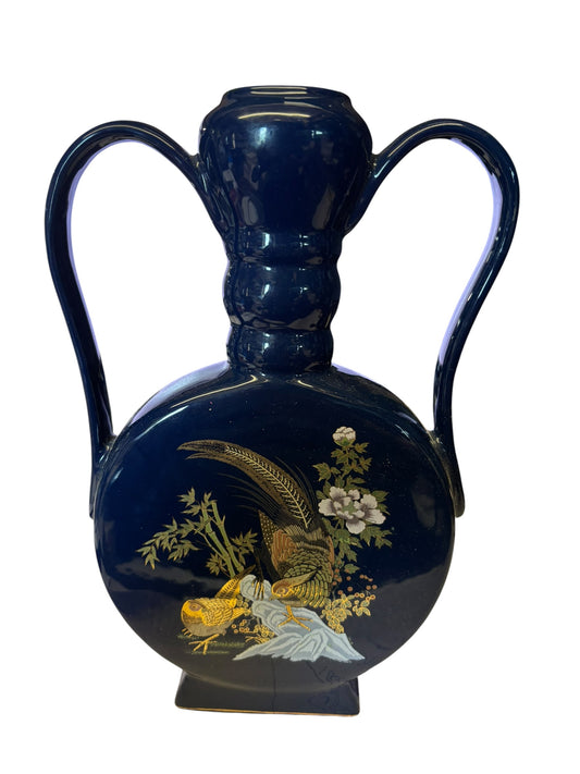 38406 - 10.5" Navy Blue Vase with Pheasants Ceramic |5-16|