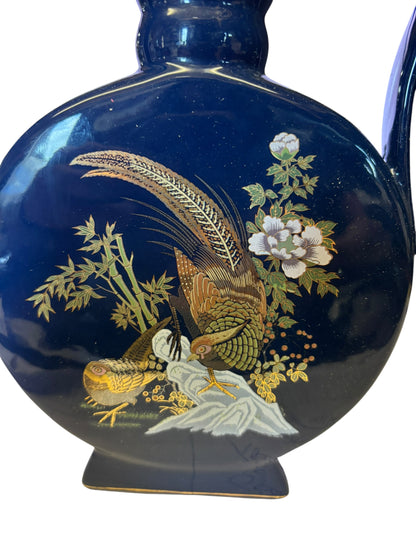 38406 - 10.5" Navy Blue Vase with Pheasants Ceramic |5-16|