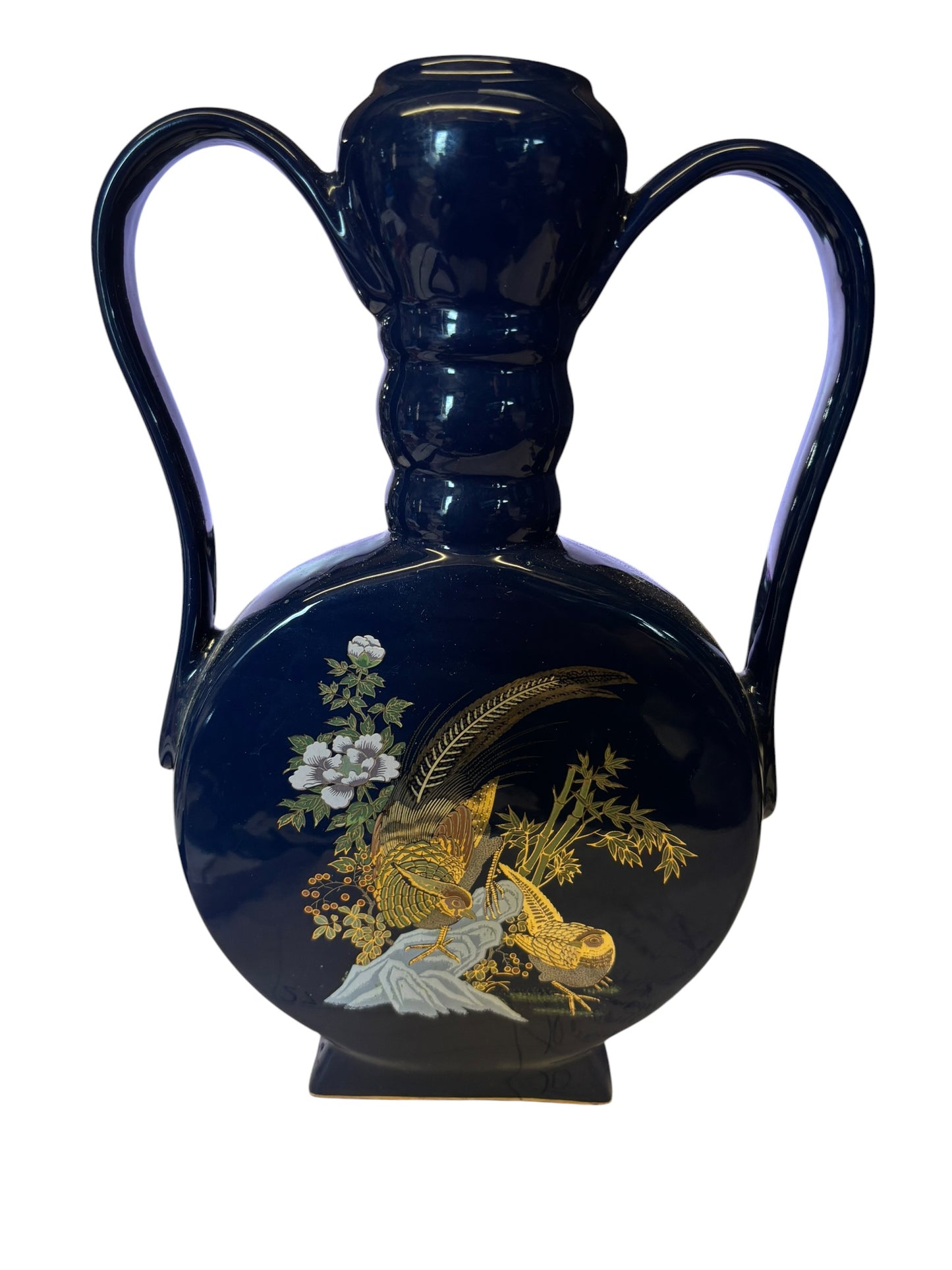 38406 - 10.5" Navy Blue Vase with Pheasants Ceramic |5-16|