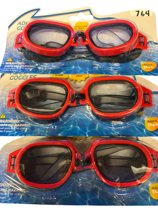 764 - SET OF THREE Adult Goggles Red Color LATEX FREE ADJUSTABLE STRAP AGES 14 PLUS- |