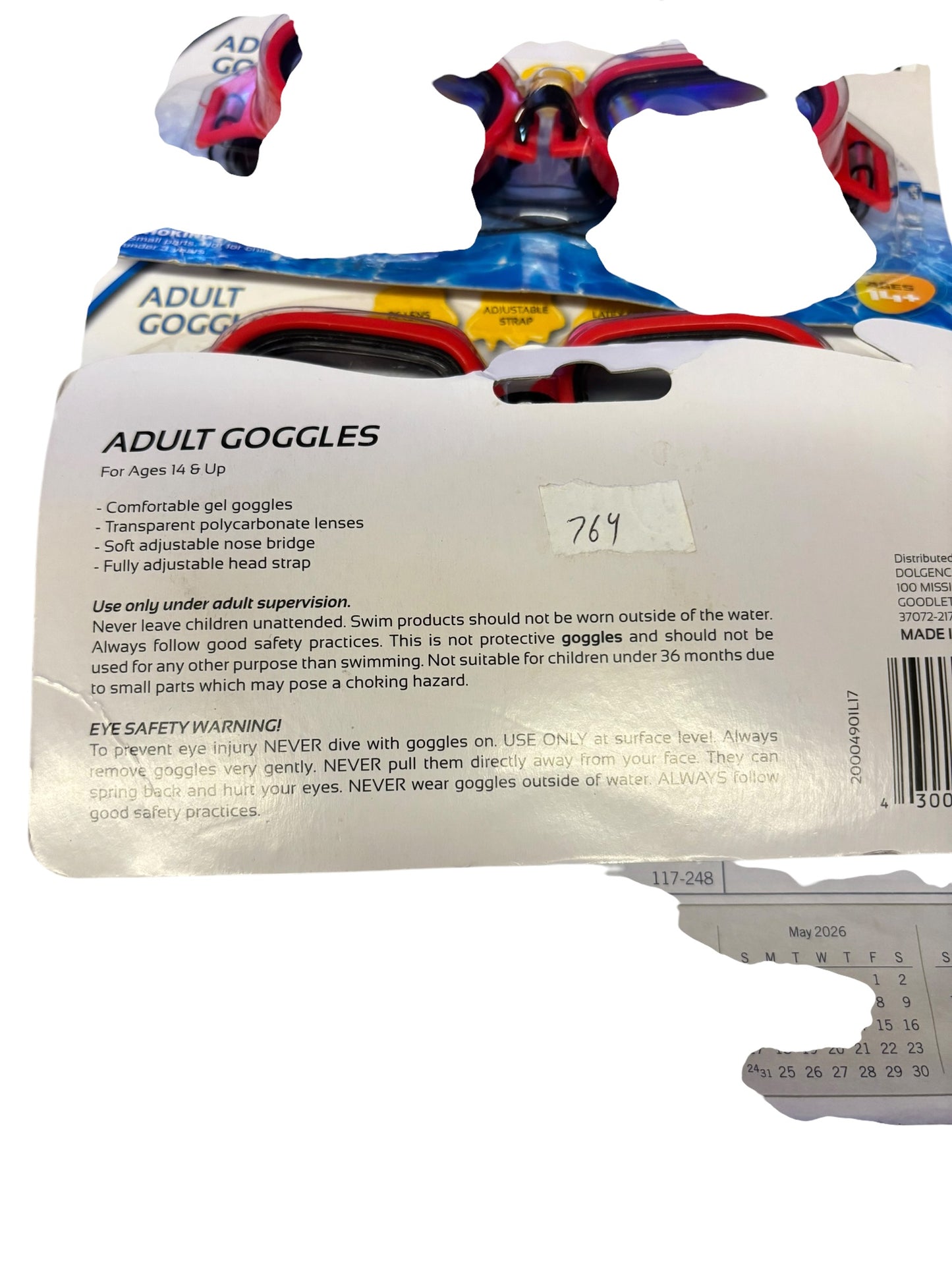 764 - SET OF THREE Adult Goggles Red Color LATEX FREE ADJUSTABLE STRAP AGES 14 PLUS- |