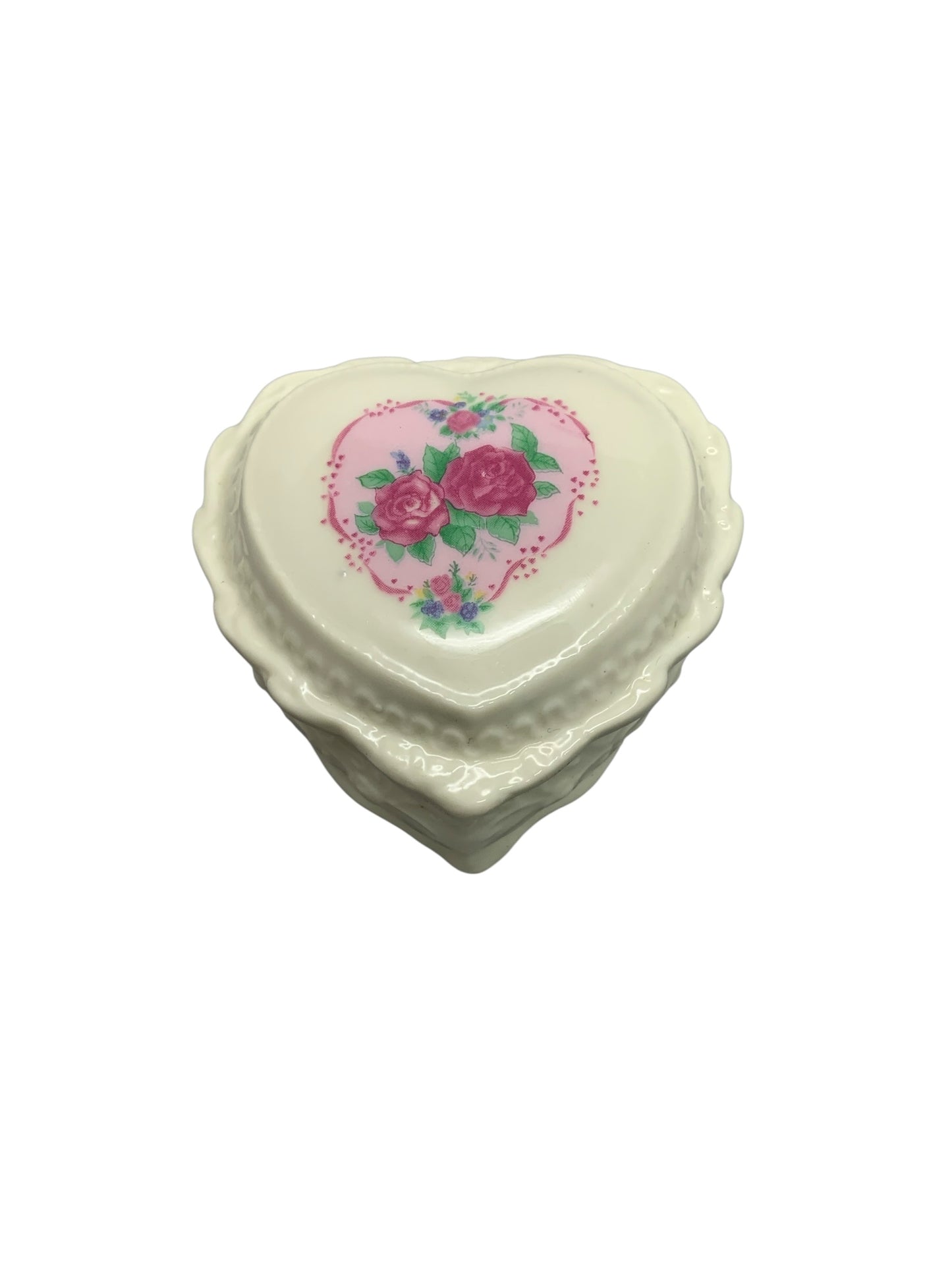 34581 - VINTAGE 3" CERAMIC Heart Shaped Jewelry Box w Rose |21-27|
