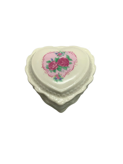 34581 - VINTAGE 3" CERAMIC Heart Shaped Jewelry Box w Rose |21-27|