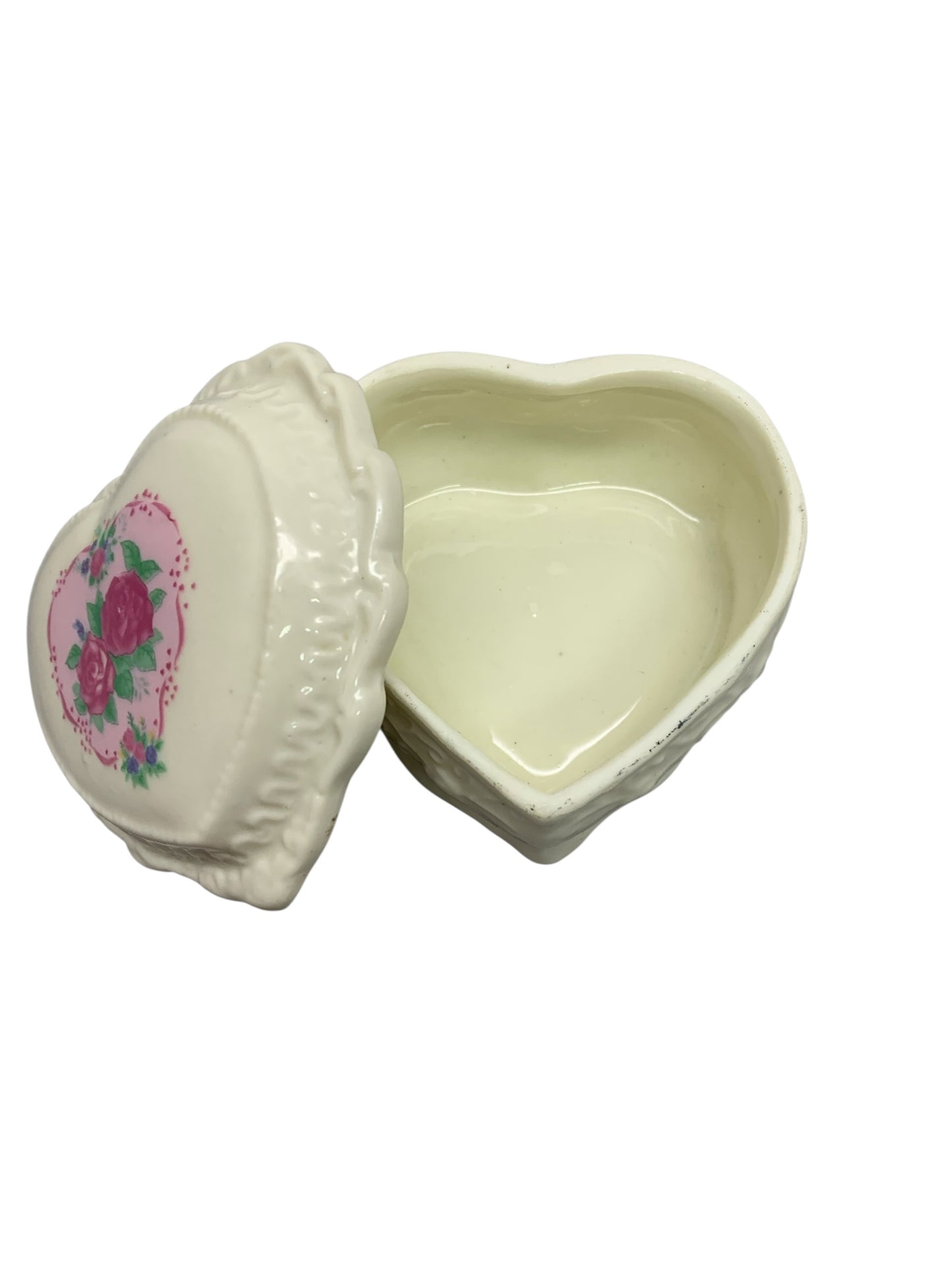 34581 - VINTAGE 3" CERAMIC Heart Shaped Jewelry Box w Rose |21-27|