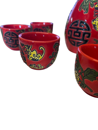 7634 - Stunning 5-Piece Red Ceramic Sake Set 5.5 inch BOGO FREE!|A-7|POD 3|Store|