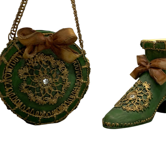 25752 - 4" Vintage Green Boot & Purse Set - Miniature Decorative Duo |1-27|