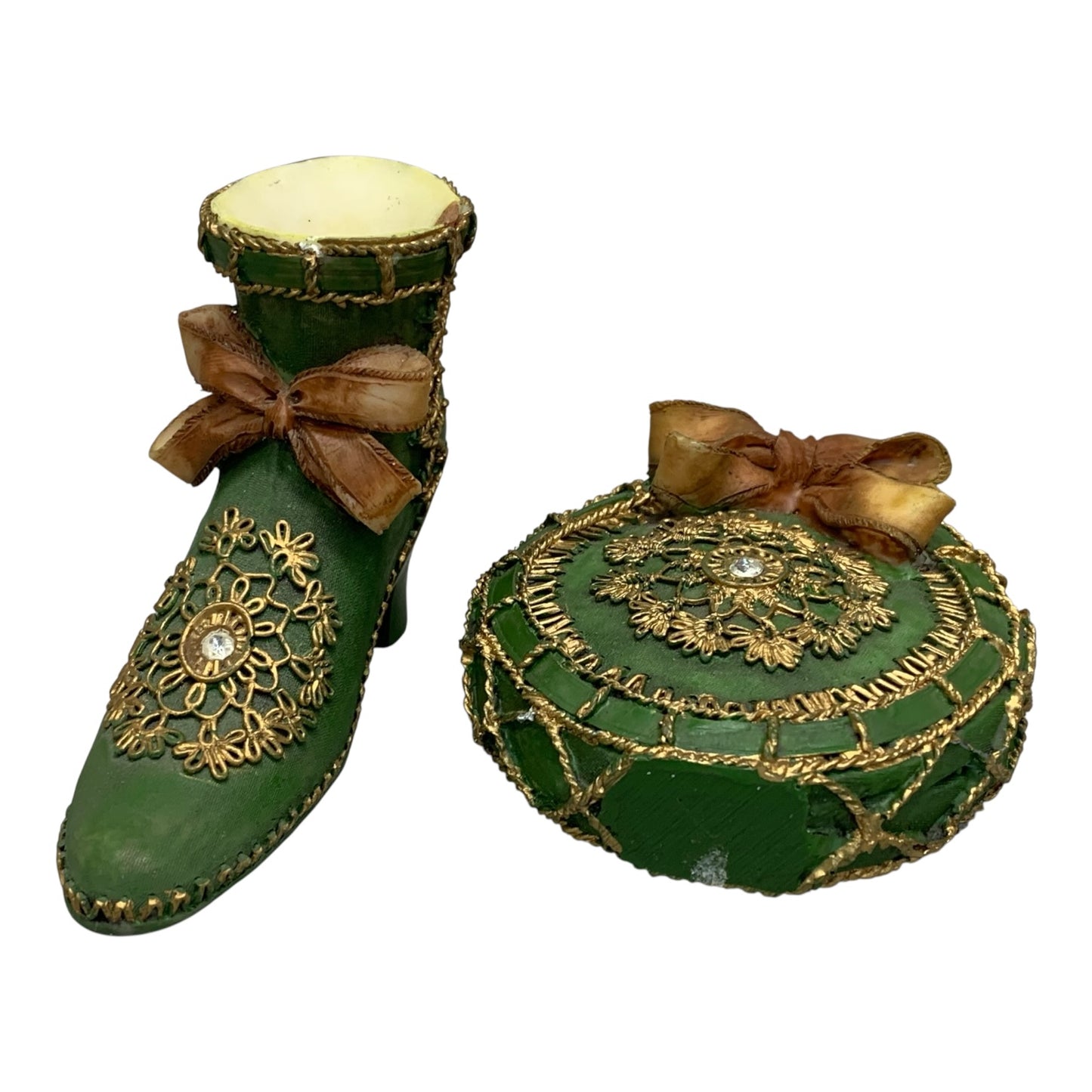25752 - 4" Vintage Green Boot & Purse Set - Miniature Decorative Duo |1-27|