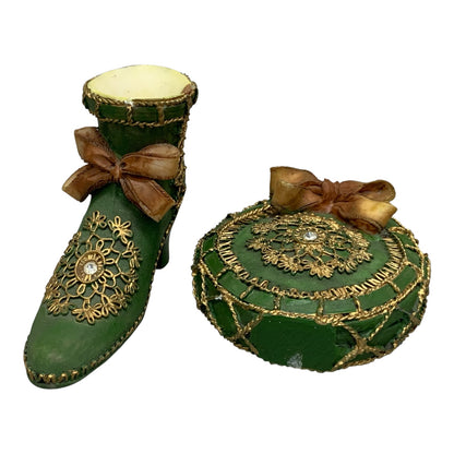 25752 - 4" Vintage Green Boot & Purse Set - Miniature Decorative Duo |1-27|