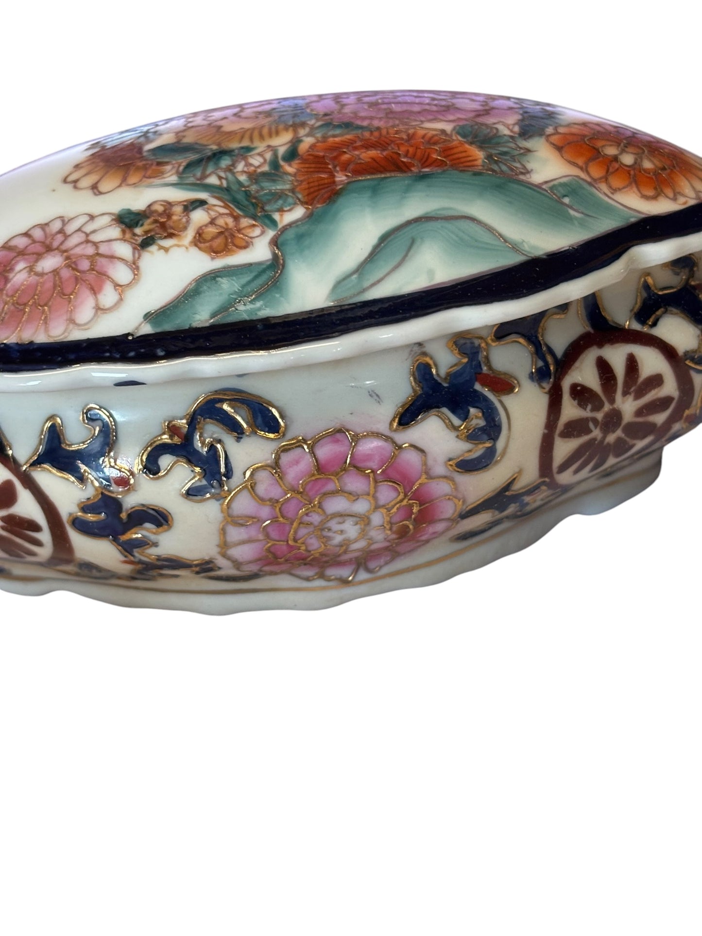 12637 - Vintage - 6" Satsuma Oval Trinket Box |F-15|