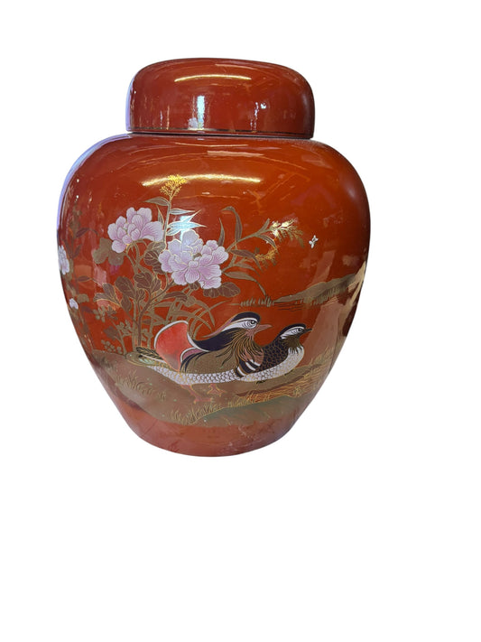 17995 - X Large Ceramic 11" Brown Ginger Jar with Mandarin Ducks |F-29|Store|