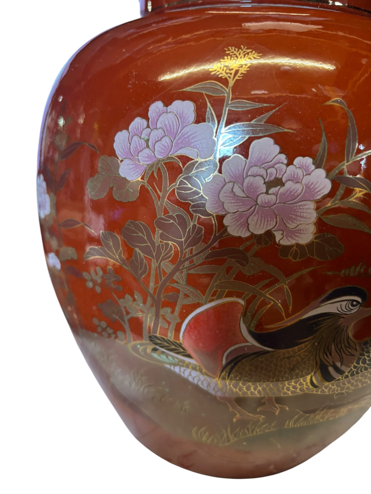 17995 - X Large Ceramic 11" Brown Ginger Jar with Mandarin Ducks |F-29|Store|