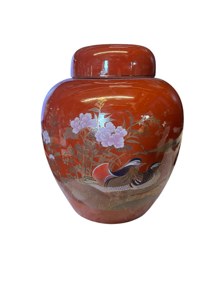 17995 - X Large Ceramic 11" Brown Ginger Jar with Mandarin Ducks |F-29|Store|