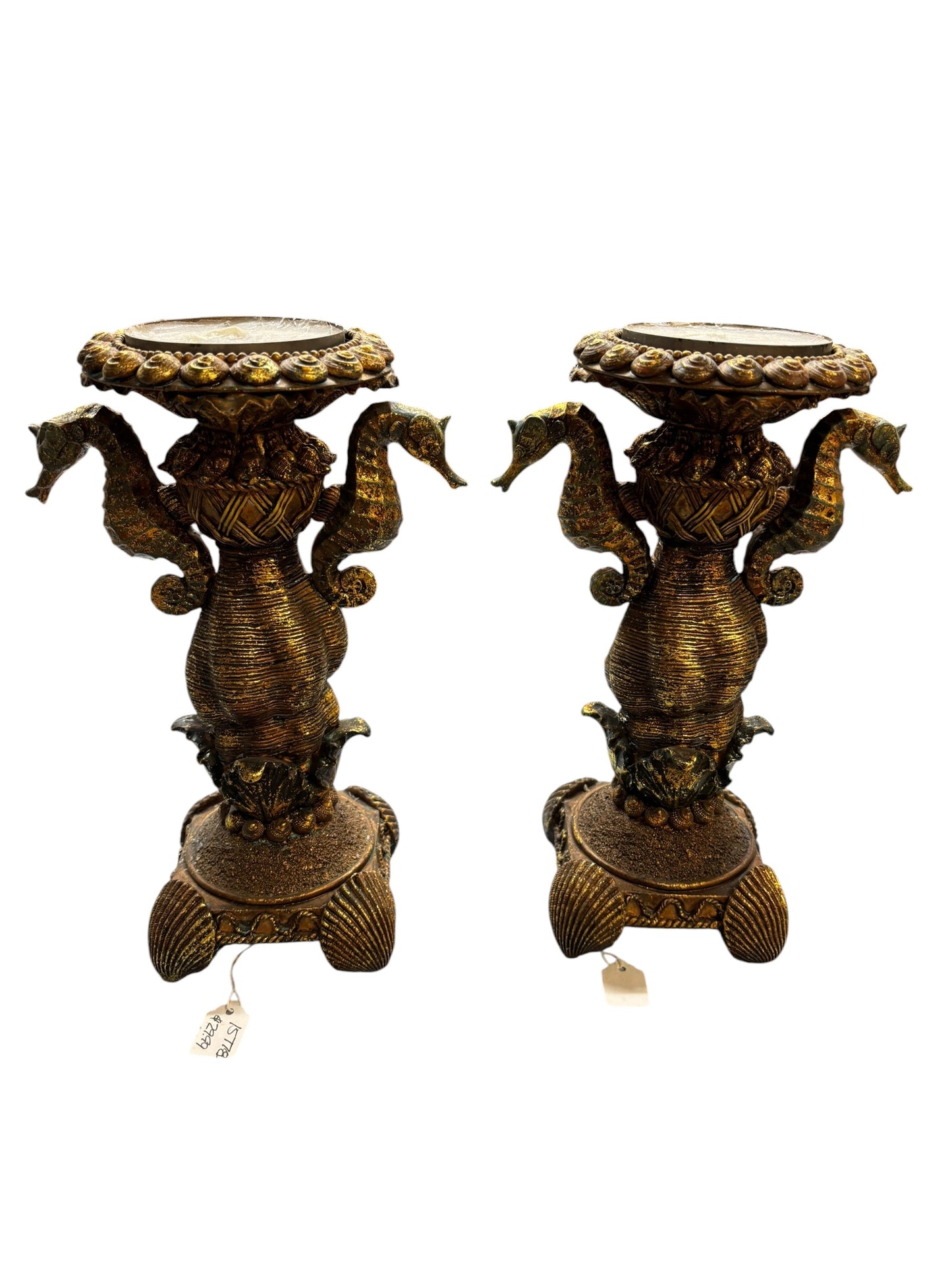 15778 - 10" Pair Neptune SEAHORSE Candle Holders - [BH- C/ FR-1 in store 9]