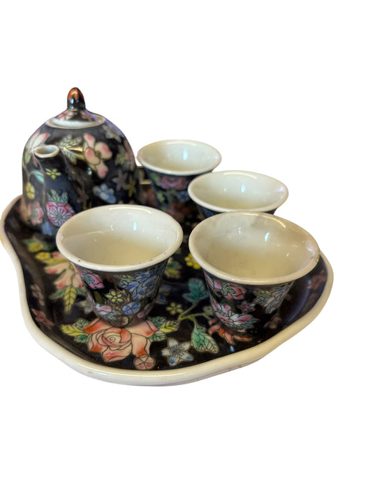 20312 -Pretend Play 5-Piece Black Floral Ceramic Tea Set |7-26|