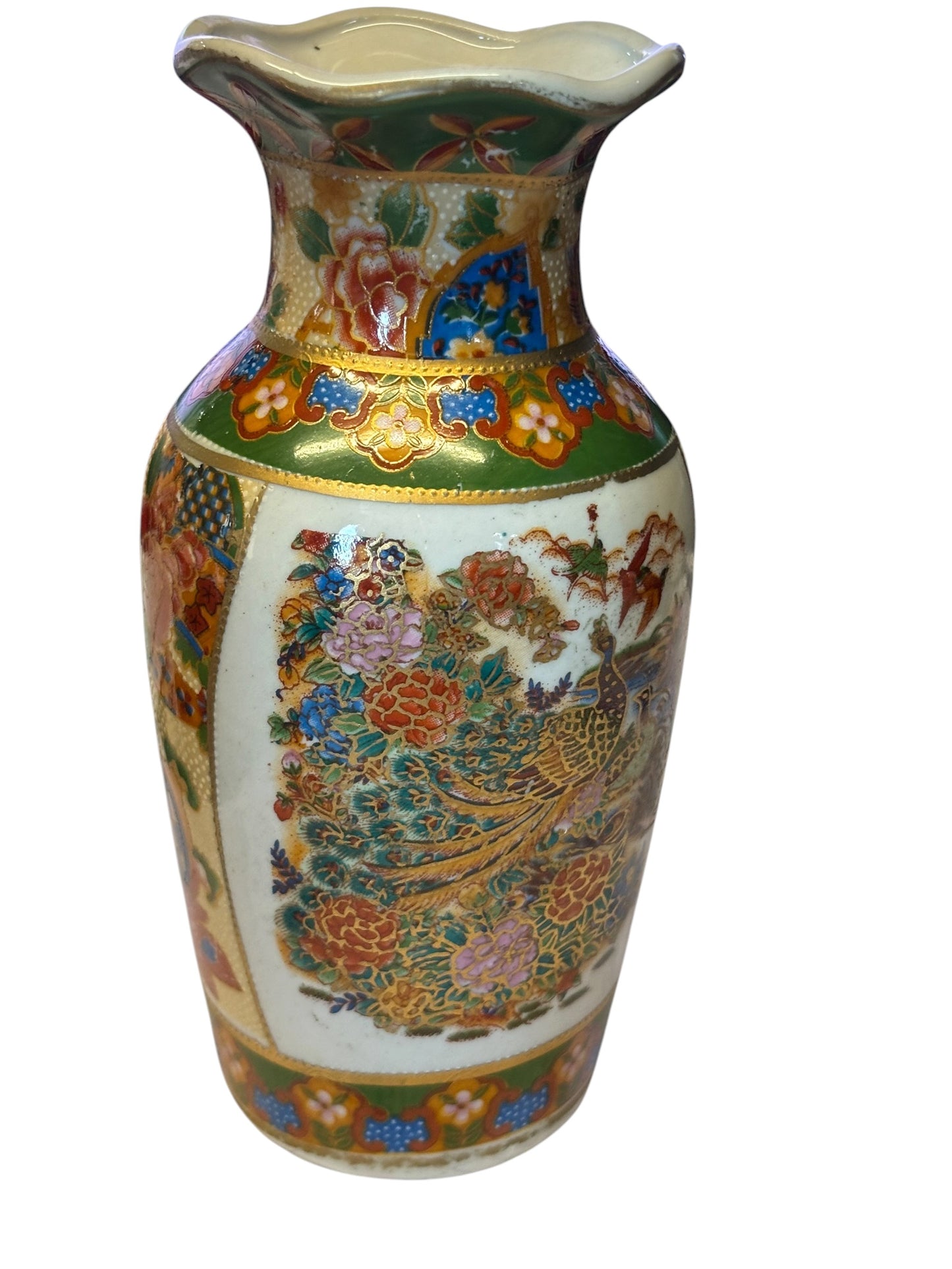 42748 - 6" Vintage Satsuma Vase With Pheasants And Flowers |8-16|