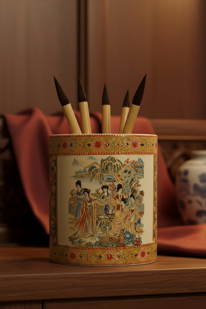 23591 -Japanese Satsuma 3.5" Small Brush bitong Pot with Ladies 5 Inches |15-29|