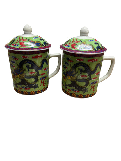 15685 - Set of Two Tea Mug Green w/ Blue Dragon |10-15| |Pod 3-27|
