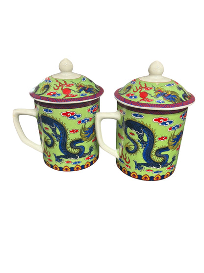 15685 - Set of Two Tea Mug Green w/ Blue Dragon |10-15| |Pod 3-27|