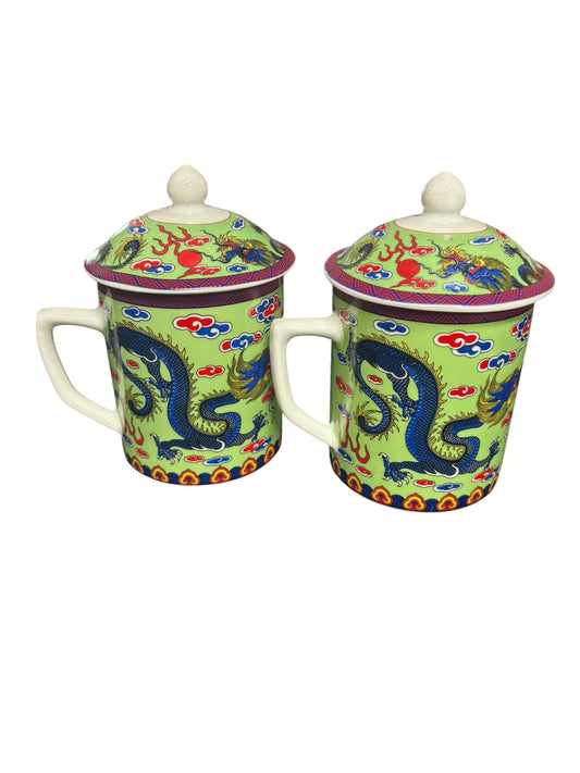 15685 -  Set of two Tea Mug Green w/ Blue Dragon |10-15| |Pod 3-27|