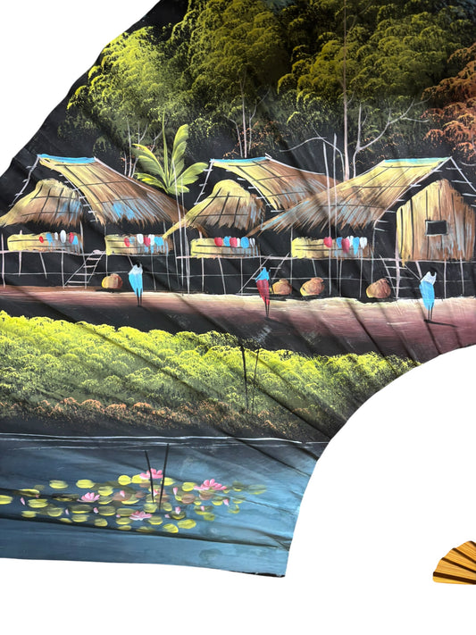 12777 - Hand Painted 40" Fan Village Sunset |W-25|