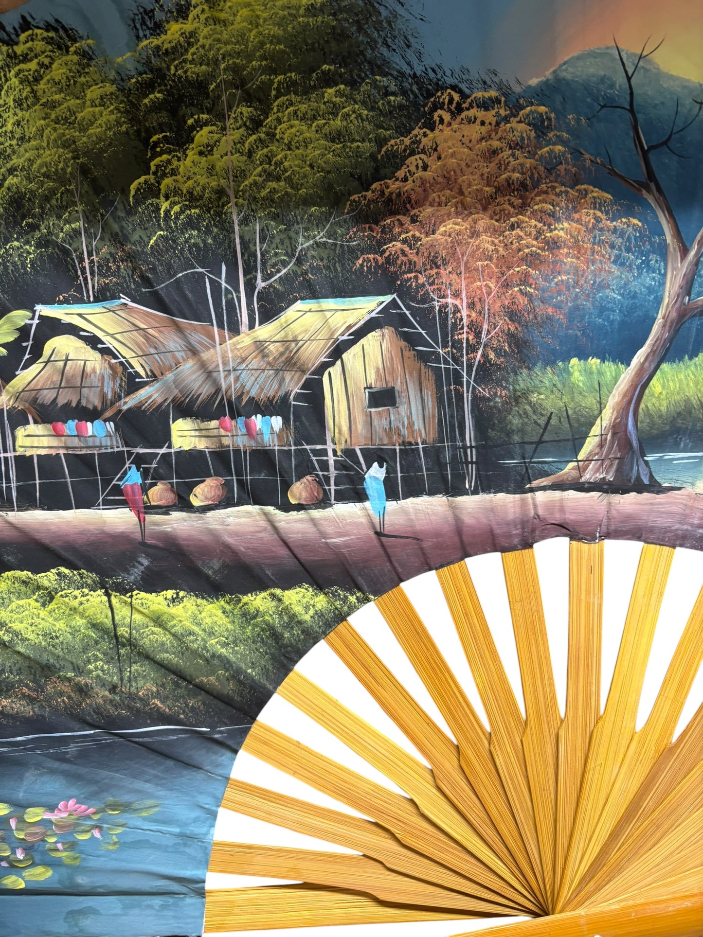 12777 - Hand Painted 40" Fan Village Sunset |W-25|