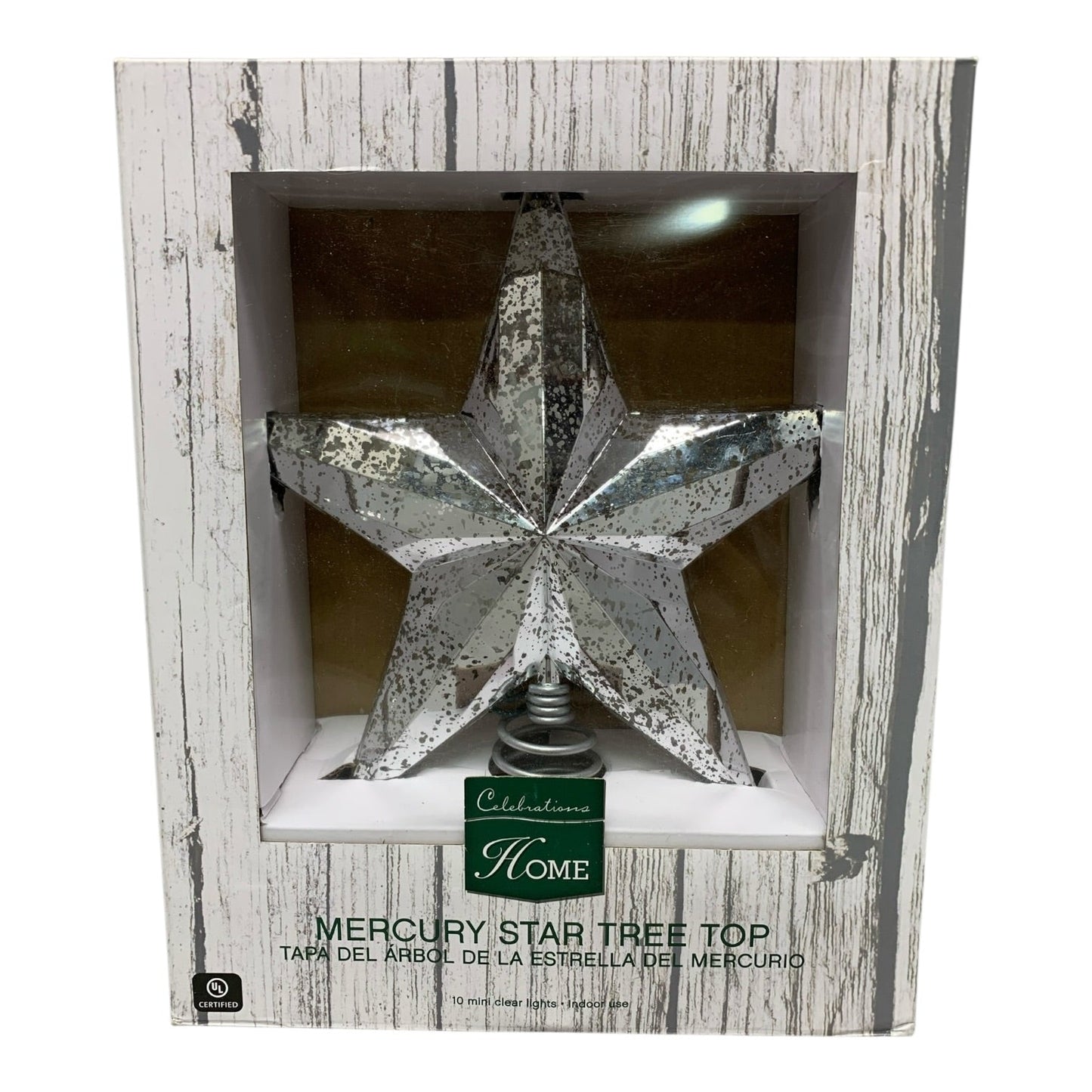 48402 - 10-Inch Silver Mercury Glass-Style Star Tree Topper – 10 Mini Clear Lights |TBD|
