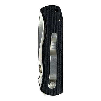 23113 - Black Serrated Folding Knife with Secure Pocket Clip – 4" Closed, 7.5" Overall Length  |85|