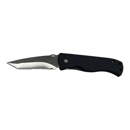 23113 - Black Serrated Folding Knife with Secure Pocket Clip – 4" Closed, 7.5" Overall Length  |85|