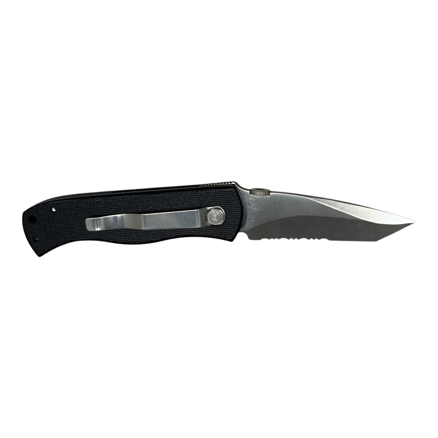 23113 - Black Serrated Folding Knife with Secure Pocket Clip – 4" Closed, 7.5" Overall Length  |85|