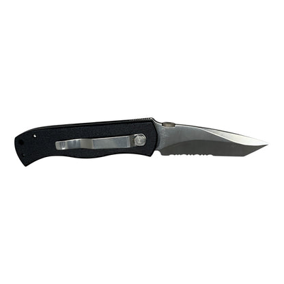 23113 - Black Serrated Folding Knife with Secure Pocket Clip – 4" Closed, 7.5" Overall Length  |85|