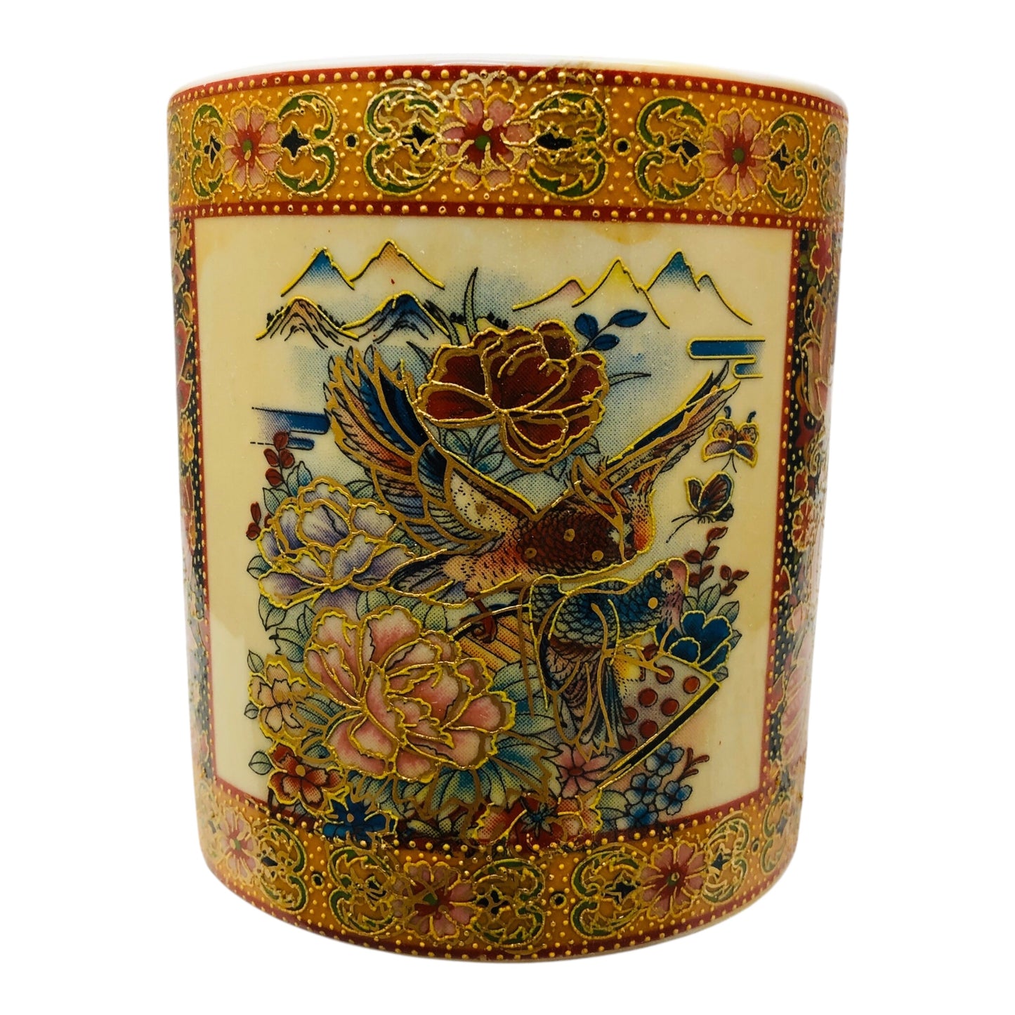 16585 - Satsuma PENCIL OR VASE Holder w/Birds, 4" Flower |22-10|