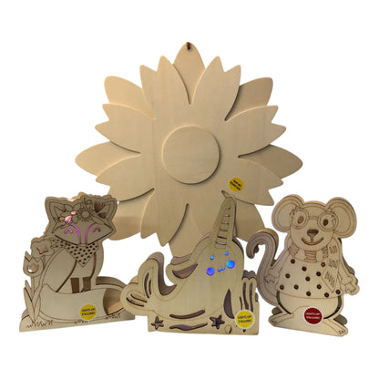35100 - Craft Set Spring Flower Wood Cut Fox Mouse and Narwal DIY Light Ups |1-34|