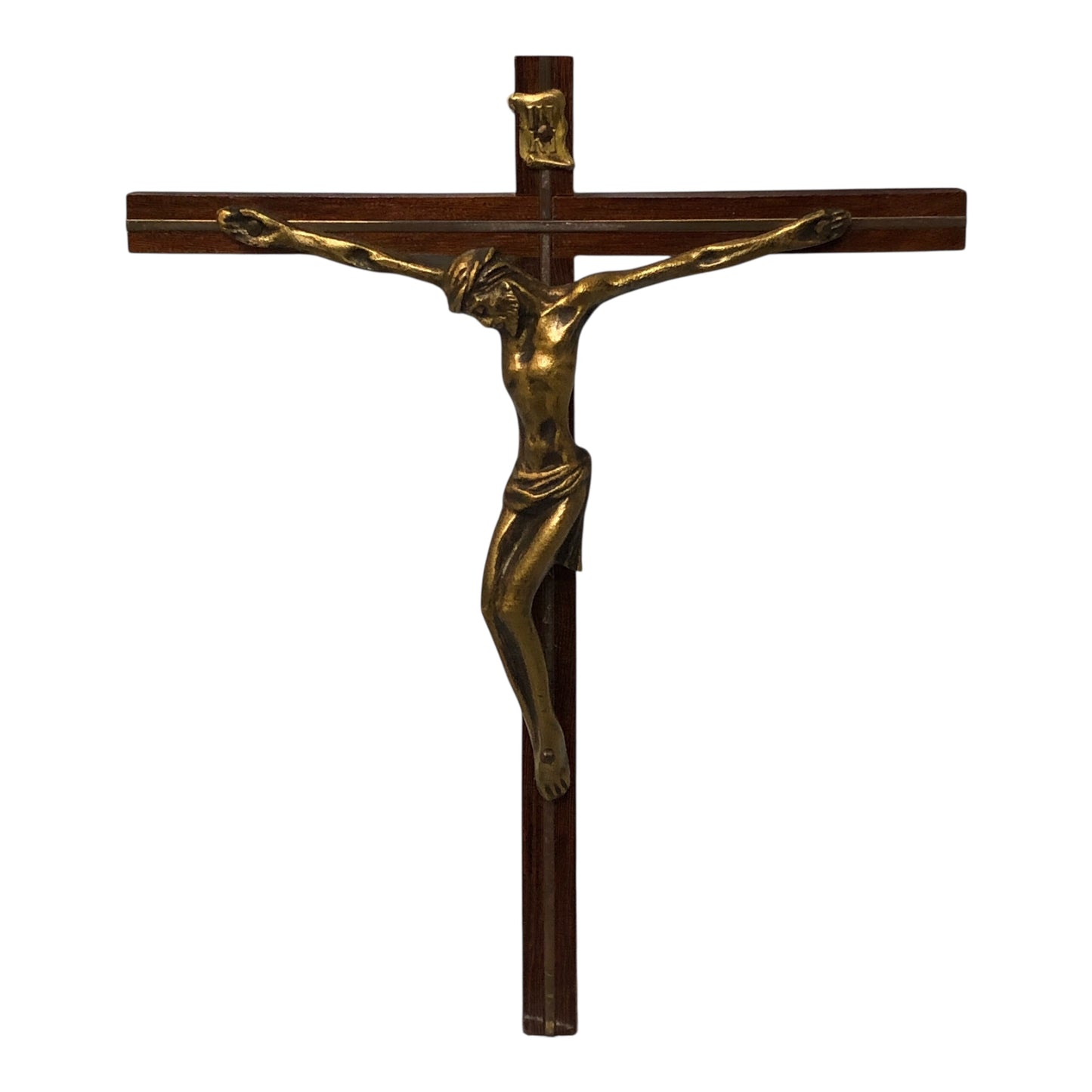 37160 - Vintage 7" Brass and Wood Inlaid Crucifix Cross |1-26|