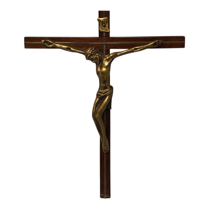 37160 - Vintage 7" Brass and Wood Inlaid Crucifix Cross |1-26|