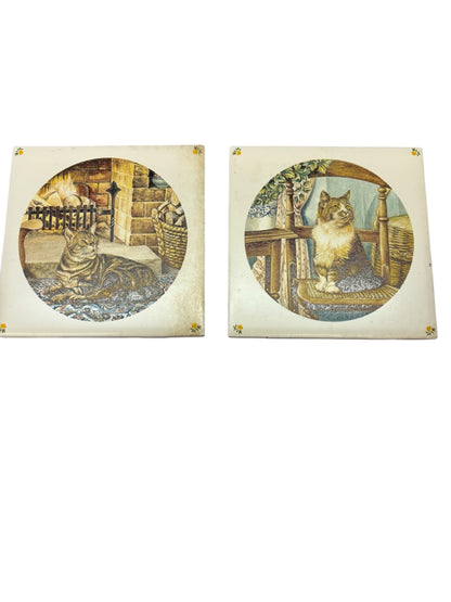 42316 - HAND CRAFTED Two 4-Inch Ceramic Tiles Showcasing Beautiful Cats |17-30|