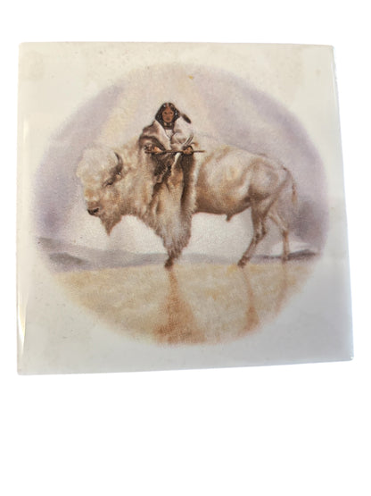 41579 - HAND CRAFTED Ceramic Tile 4" Buffalo and Indian |17-30|