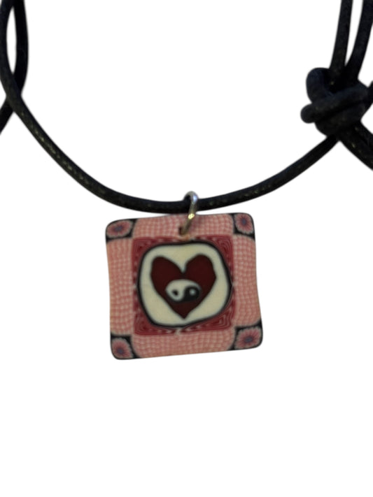 22750 - Fimo Heart Yin Yang Square Pendant Necklace |Clear-227|
