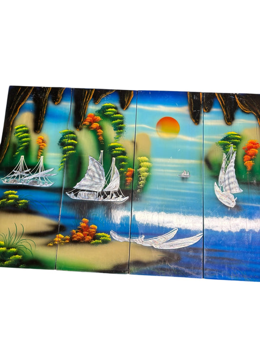 37008 -Vintage Vietnamese 4-Panel Wood Lacquer Painting with Mother of Pearl Inlays (15.5" x 5.5")|9-13|