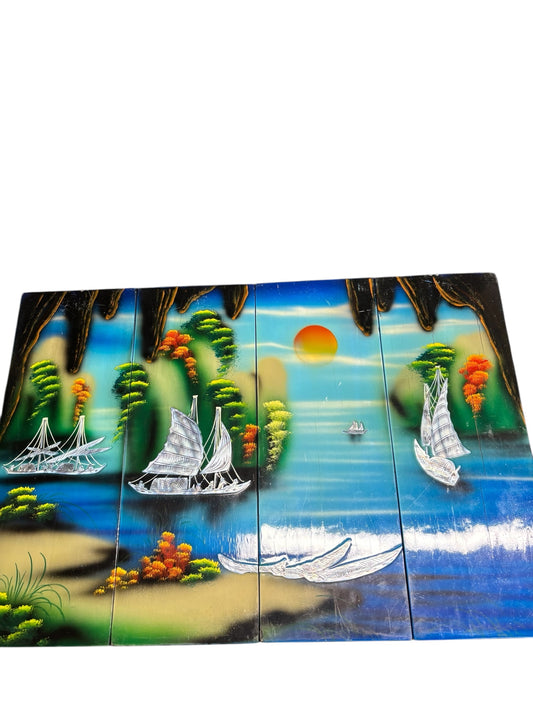 37008 -Vintage Vietnamese 4-Panel Wood Lacquer Painting with Mother of Pearl Inlays (15.5" x 5.5")|9-13|
