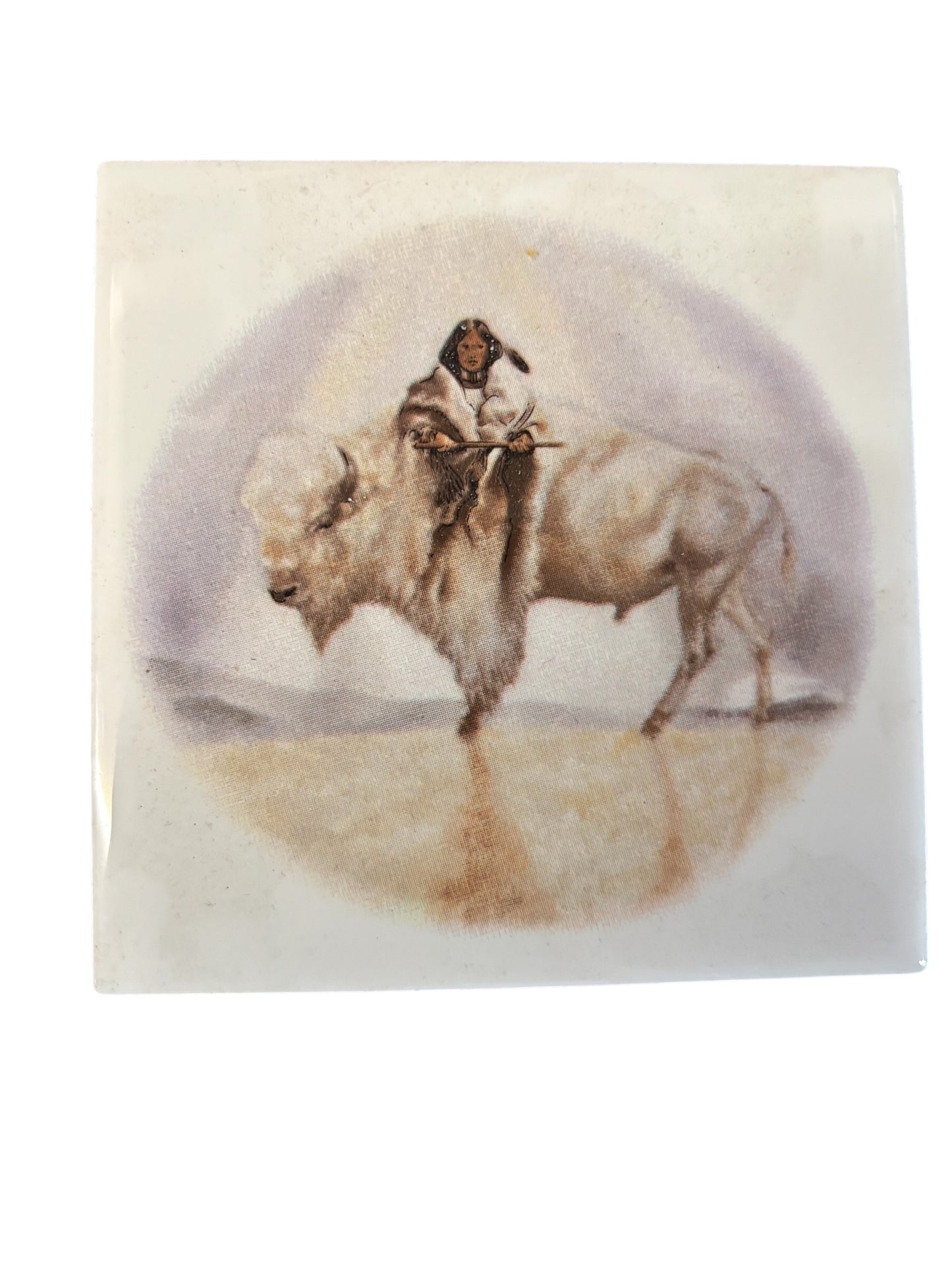 41579 - HAND CRAFTED Ceramic Tile 4" Buffalo and Indian |17-30|