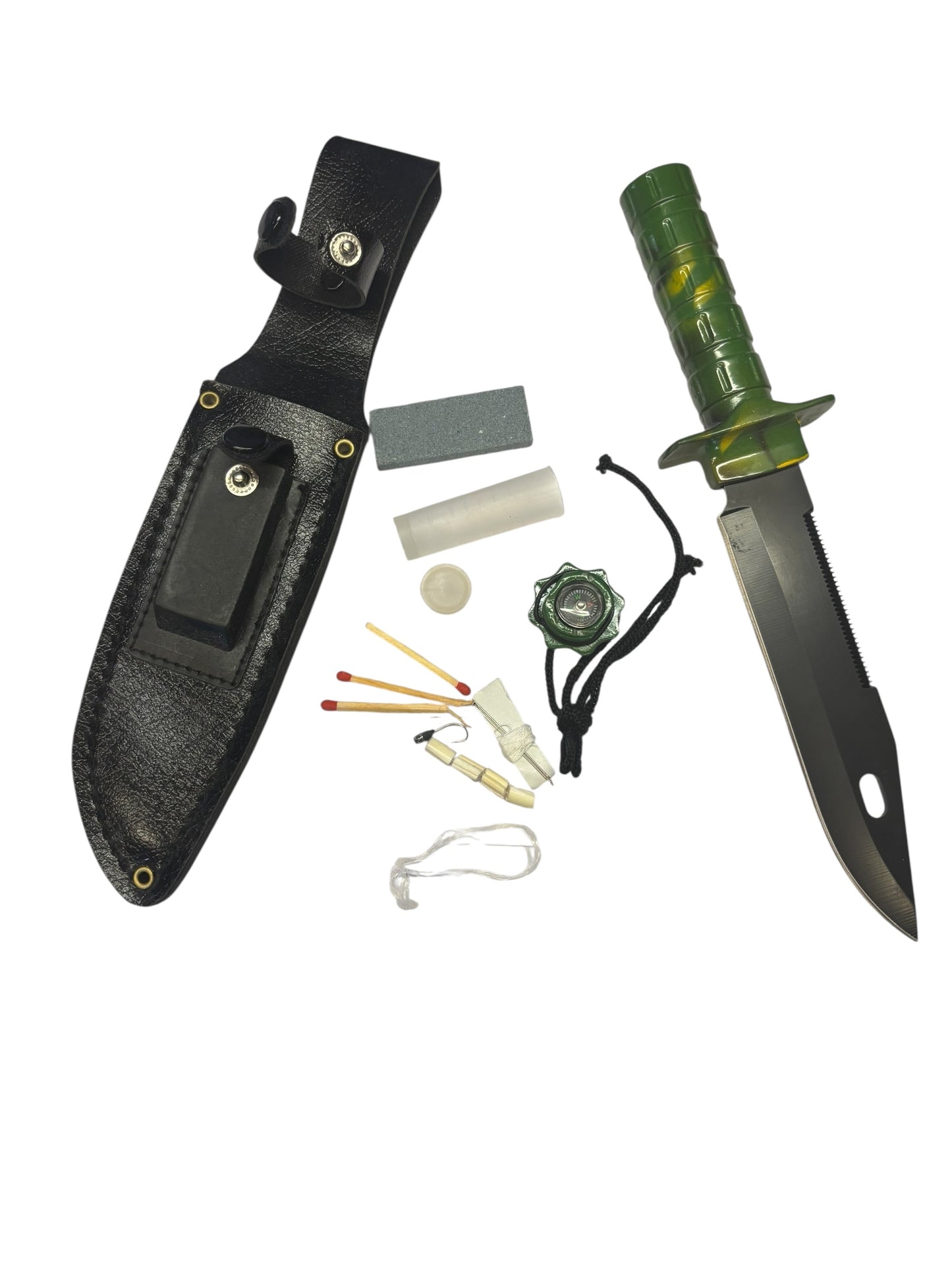 7742 - Camo Survival Knife 10 Inch Matches, Fishing Hook and Line, and More |105:Store|